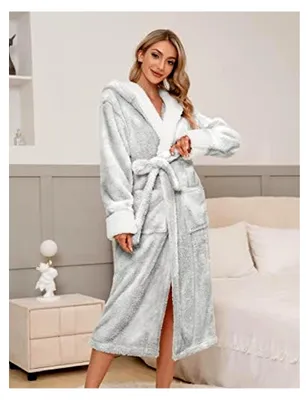 Produktbild von Damenbademantel aus Fleece, langer, flauschiger Morgenmantel mit Kapuze, ideales Geschenk für Frauen, Größen S-XL