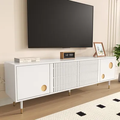 Image de MODFU Meuble TV Contemporain avec 2 Portes et Espaces Fermés, Banc TV Design MDF avecReproduction Doré - 170x36x54 cm - Blanc