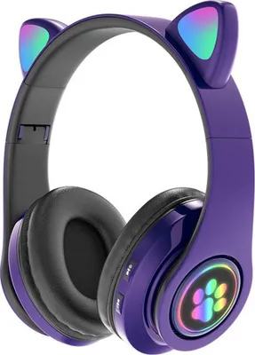 A studio product shot of a pair of purple wireless headphones with cat ears.