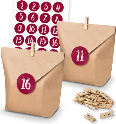 Produktbild von itenga SET Adventskalender 24x Tüten + Klammern + Zahlensticker (Z49)