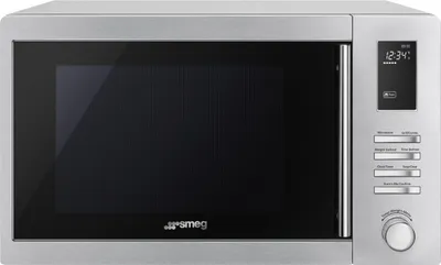A front-facing studio shot of a Smeg microwave oven.