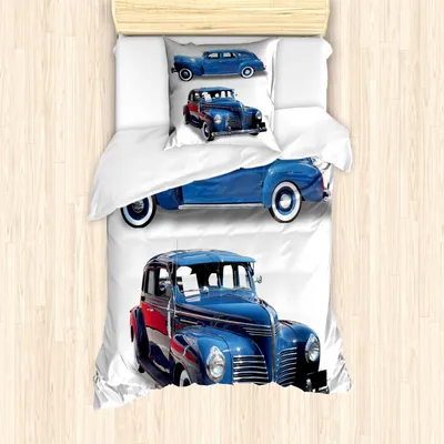 Produktbild von ABAKUHAUS Oldtimer Mantele, Altes Antike Fahrzeug, Milbensicher Allergiker geeignet mit Kissenbezügen, 135 cm x 200 cm - 80 x 80 cm, Blau Rot