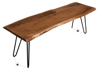 Produktbild von Esszimmerbank 220x42 cm Quintus, Akazienholz massiv & nussbaumfarben, echte Baumkante, Baumkantenbank mit Hairpin-Gestell Schwarz, Sitzbank mit 26 mm Platte