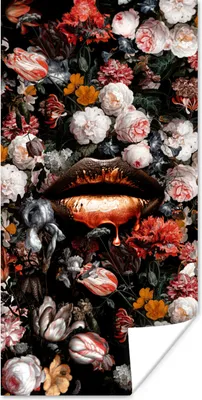Produktbild von MuchoWow® Poster Lippen - Blumen - Farbe - Orange - Kunst - Abstrakt - Alte Meister 40x80 cm - Dekoration