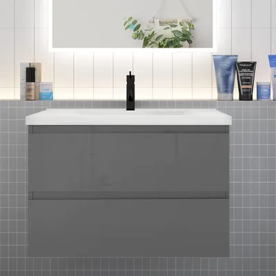 Produktbild von Badmöbel Set HUTI-Serie 80cm Keramik Waschbecken mit Unterschrank Badezimmermöbel mit 2 Schubladen Hochglanz Dunkelgrau Hängeschrank