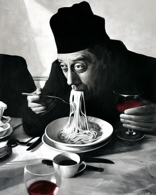 Produktbild von Kochkunst Kunstdruck Bild - Spaghetti, Rotwein, Don Camillo (50 x 40 cm)