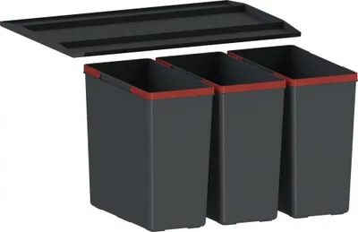 A set of three black rectangular trash bins with red rims and a black lid, arranged on a white background.