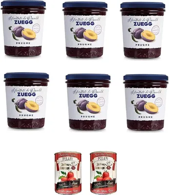 Produktbild von 6x Zuegg Prugne Marmelade Backpflaumen Konfitüre Brotaufstriche Italien 320 g + Italian Gourmet 100% italienische geschälte Tomaten dosen 2x 400g
