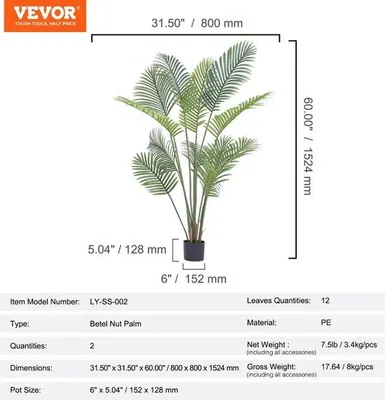 Zdjęcie produktu dla Sztuczna palma betelowa 800 x 800 x 1524 mm, sztuczna roślina z PE w doniczce, wodoodporna, idealna do salonu