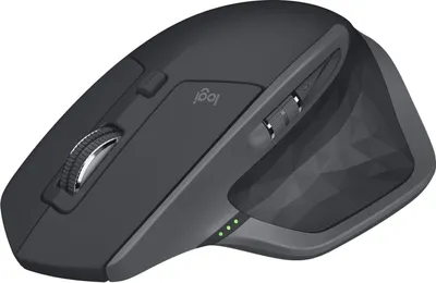 A dark gray Logitech MX mouse is shown from a three-quarter angle on a white background.