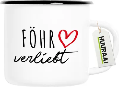 Produktbild von Huuraa Emaille Tasse Föhr verliebt 300ml Vintage Campingbecher Geschenkidee