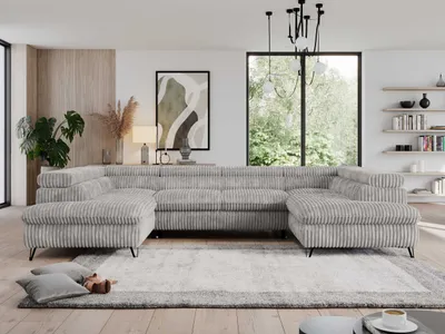 Produktbild von U-form Couch, Schlaffunktion, Ecksofa mit verstellbare Kopfstützen, Bettkasten - PEDRO U - Cord - Hellgrau