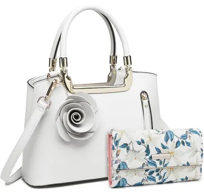 Productafbeelding van Dameshandtas met bloemen, schoudertas, handtas, crossbodytas, elegante tas van kunstleer, retrostijl, wit, inclusief portemonnee