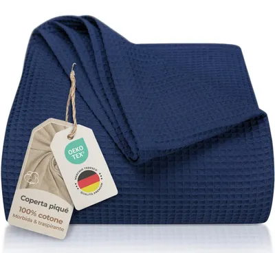 Produktbild von XXL Waffelpique Baumwolldecke 240 x 260 cm Blau