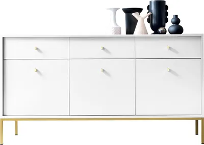 Produktbild von MIRJAN24 Kommode Mono Gold MKSZ154 Sideboard mit 3 Türen und 3 Schubkästen, Untergestell aus Metall 18 x 18 mm, Kugelgleitschienen (Farbe: Weiß + Gold)