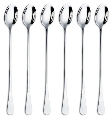 Productafbeelding van Lange lepels voor Latte Macchiato - Set van 6, gemaakt van roestvrij staal - Geschikt voor koffie, thee, milkshakes, cocktails en desserts - Vaatwasmachinebestendig