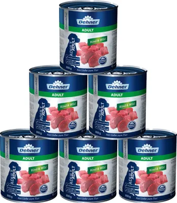 Produktbild von Dehner Premium Hundefutter, Nassfutter getreidefrei, für ausgewachsene Hunde, Rind / Wild, 6 x 800 g Dose (4.8 kg)