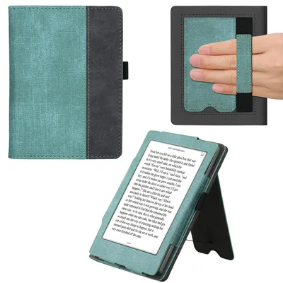 Produktbild von kwmobile Flip Hülle kompatibel mit Kobo Aura Edition 2 - Handschlaufe - Cover Mintgrün Dunkelgrau