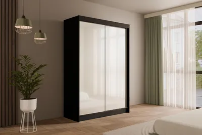 Produktbild von ALTDECOR Kleiderschrank mit Lacobel-Schiebetüren, kugelgelagerte Führungsschienen und Aluminium-Leisten - PEKA - 150 cm Schwarz / Weiß