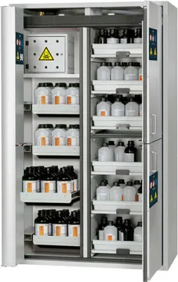 Produktbild von Sicherheitsschrank Typ 90 - Trennwand - Gefahrstoffcenter - mit Schließautomatik - ca. 2 x 1,2 x 0,6 m - Auszugswannen - Tablarauszüge - Edelstahl