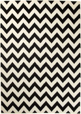 A close-up, top-down view of a black and white chevron patterned rug.