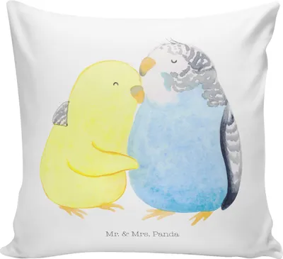 Produktbild von Mr. & Mrs. Panda kuschelkissen 40x40 Wellensittich Liebe - Weiß - Geschenk, Polster, Umarmung, Verknallt, Kuscheln, Verliebt, Sofakissen, Deko Kissen, Heiraten, Kuschel