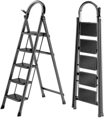 Produktbild von Famanu Klappleiter 5 Stufen - Faltbare Treppe - Antirutsch-Tritte - 150 kg - Schwarz