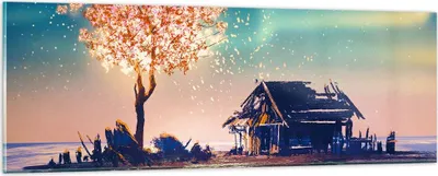 Produktbild von Bilder auf glas - Baum Haus Nacht Sterne - 90x30cm - Glasbilder - Wandbilder - Kunstdruck - zum Aufhängen bereit - Wanddekoration aus Glas - Glas Bilder - Wandbild auf Glas - Einteilig - GAB90x30-2849