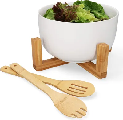 Produktbild von 4-tlg Salat-Schüssel Set groß 3,5L Servier-Schale + Bambus-Besteck + Ständer