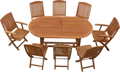 Produktbild von Teakholz Sitzgruppe aus 8 Klappstühlen und 1 ovalen Ausziehtisch edles Teak Gartenmöbel Set mit Auszugstisch