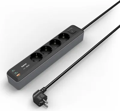 Produktbild von Steckdosenleiste, 4-fach, USB-C/A 65W, PD, Schalter, 1,4 m, Schwarz/Grau (00223194)
