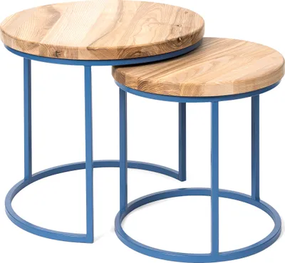 Immagine prodotto di LAMO Manufaktur Tavolini da salotto moderni sovrapponibili in legno - set di 2 pezzi - Tavolino rotondo da salotto, tavolino laterale da divano - Tavolini piccoli - Colore: naturale, gambe: blu