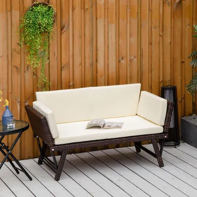 Produktbild von Gartensofa 2-Sitzer PE-Rattan klappbar, Loungesofa Gartenbank, wetterfest, Braun | 129x63x67 cm | 15,35 kg | Stahlrahmen
