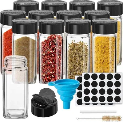 Image de Lot de 12 bocaux à herbes, 120 ml, bocaux en verre rectangulaires, avec couvercle noir, cuillère, brosse, étiquettes et crayon, 10,5 x 4,3 cm