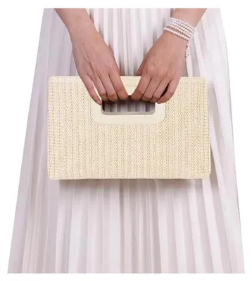 Produktbild von Strohtasche für den Sommer, gewebte Rattan-Clutch, Umhängetasche mit Griff für Reisen und Strand