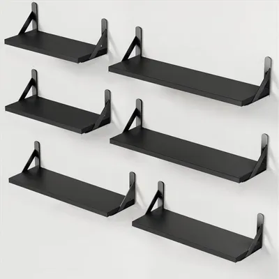 Image de Ensemble de 6 étagères murales en bois et métal, pour le rangement, étagères murales, capacité de charge maximale de 18 kg, pour le salon, la chambre, le bureau, la salle de bains ou la cuisine, noir