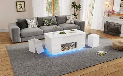 Imagen del producto de Mesa de centro de 100 x 50 x 45 cm, mesa de centro con altura ajustable fabricada en aglomerado en color blanco, con iluminación LED, 2 cajones y 2 taburetes