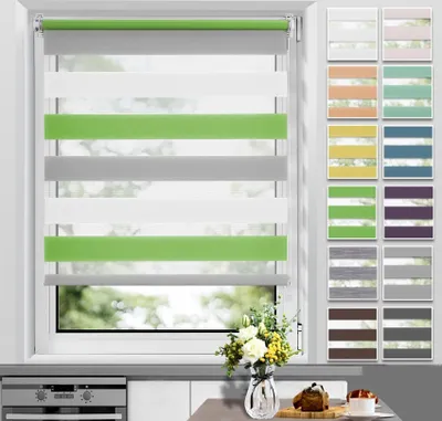 Produktbild von Allesin Doppelrollo Klemmfix ohne Bohren & mit Bohren Rollos für Fenster und Tür Grün-grau-weiß 90x130 cm Duo Rollo Klemmrollo Sichtschutz