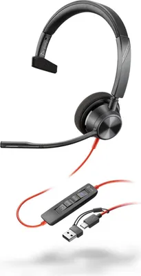 Zdjęcie produktu dla HP Poly Zestaw słuchawkowy Poly Blackwire 3310 z certyfikatem Microsoft Teams +USB-C/A Adapter TAA, Przewodowa, Biuro/centrum telefoniczne, 102 g, Zestaw słuchawkowy, Czarny
