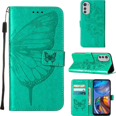 Obrázek produktu pro Moto E32 Pouzdro, Motýlí Reliéf Flip Kožené Pouzdro s Kapsami na Karty a Stojánkem pro Motorola Moto E32 zelené