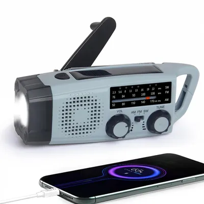 Produktbild von Notfall Radio, 2000mAh Akku Kurbelradio Solar Ladegerät Power Bank USB AM/FM-Radio mit SOS-Alarm Taschenlampe, 3-Wege-Laden Emergency Radios