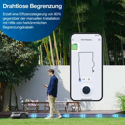 A man is using a smartphone to control a robotic lawnmower in a garden setting, with bamboo in the background.