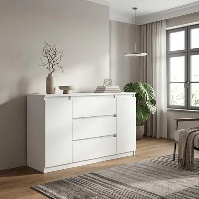 Produktbild von Masseno Kommode NUDO 120 cm Sideboard mit 3 Schubladen und 2 Türen für Wohnzimmer Schlafzimmer Modern 120x39x78,5 cm Weiß / Weiß