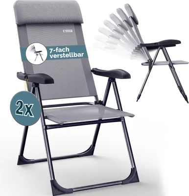 A gray folding chair with multiple reclining positions shown, and a graphic indicating a set of two chairs.
