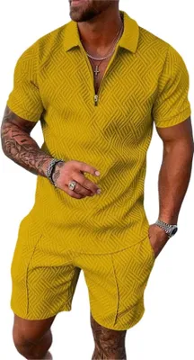 Produktbild von ASKSA Herren Sommer Trainingsanzug Polo Hemd Set Kurzarm T-Shirts und Shorts Outfit Freizeitanzug, Gelb, Groesse: L