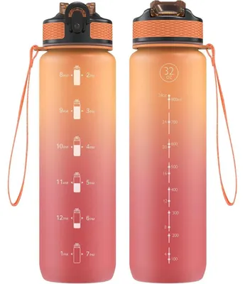 Productafbeelding van Drinkfles 1 liter, met rietje, van Tritan, BPA-vrij, met tijdmarkeringen, oranje/rood