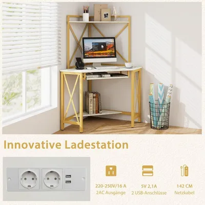 Image de Bureau avec station de recharge, table d'ordinateur d'angle avec étagère clavier et 2 étagères 113 x 75 x 145 cm blanc + or