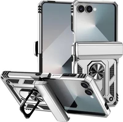A silver phone case with a ring kickstand is displayed from multiple angles.