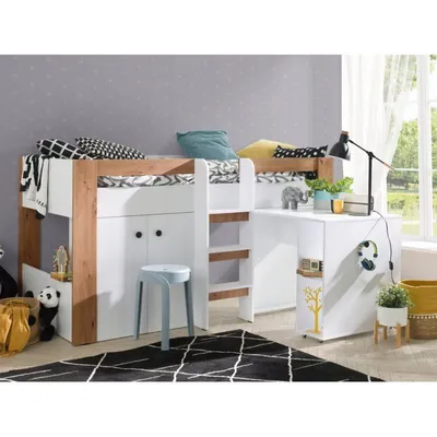 Produktbild von Etagenbett Kinderbett GUSTO-1 mit Schreibtisch und Kleiderschrank (rechte Seite) - ohne Matratze