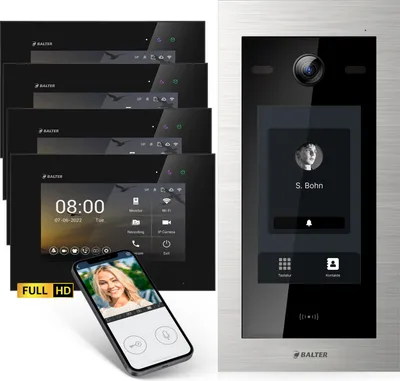 Produktbild von Balter EVO-HD Video Türsprechanlage mit Touchscreen schwarz, Smartphone App, 1 Familienhaus, 4x 7 Zoll Monitor, Türklingel mit Kamera Full HD, 2 Draht Bus
